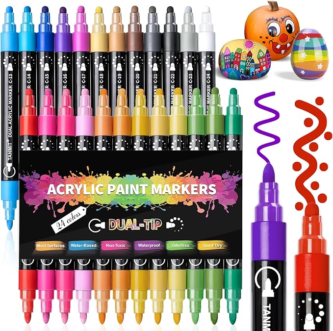 Acrylic Paint Pens Markers, 24 Colors Dual Tip